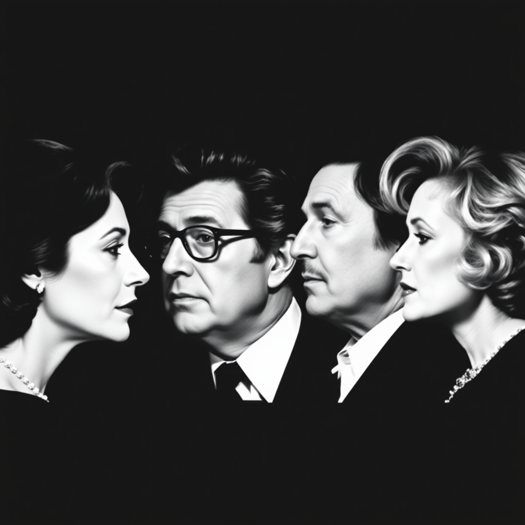 Sofia Loren, Dustin Hoffman, Robert De Niro, Meryl Streep in profile in monochrome.