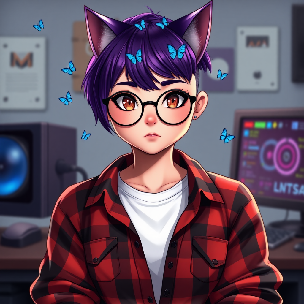 female lesbian cat-man flat chest serious chestnut color with small blue butterflies on the head, a round head, with a purple undercut hairstyle, hazel eyes, dimples on the cheeks, chubby cheeks, with semi-round glasses, a red and black plaid shirt open over a white t-shirt, in front of a desk with a gaming PC, in digital art