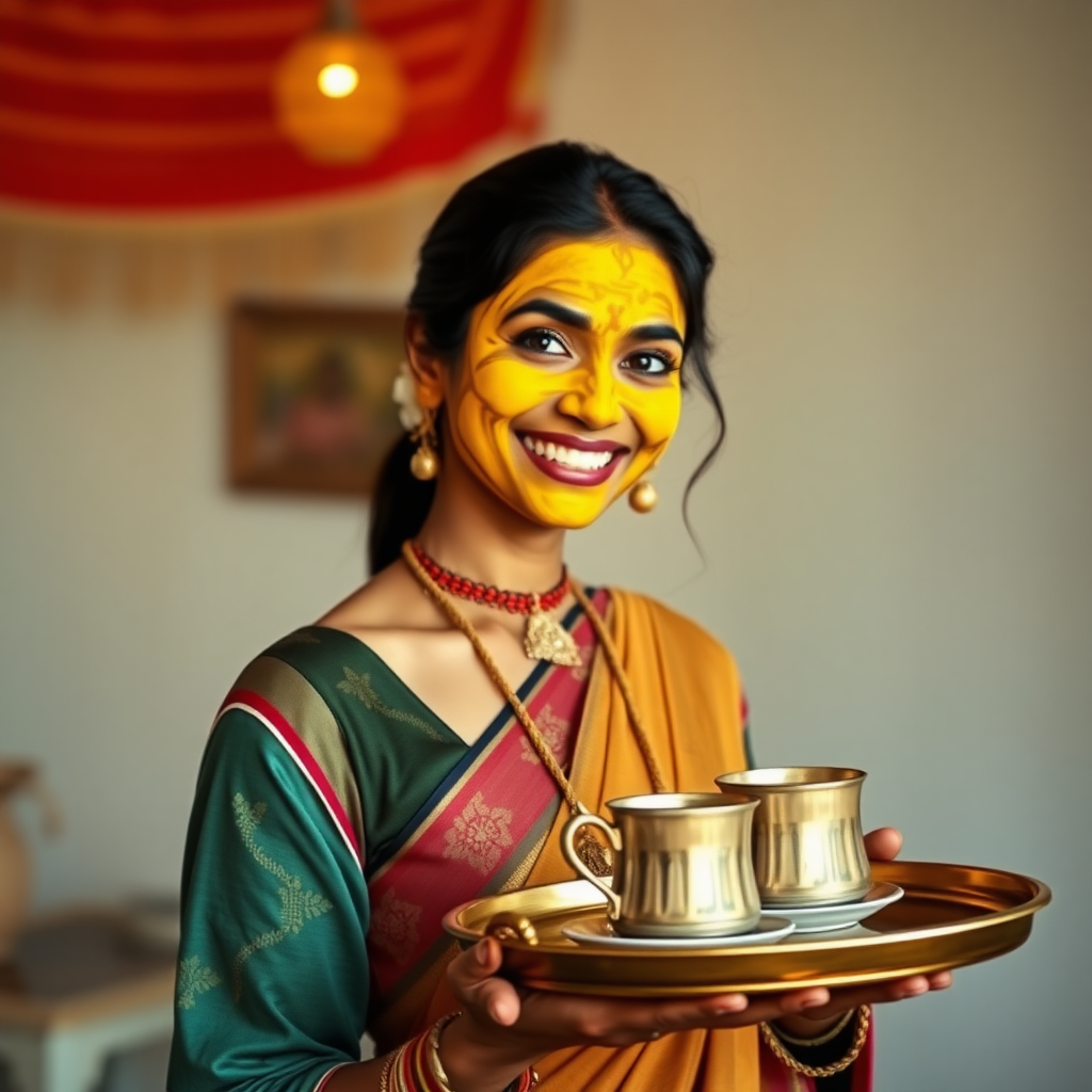 slim, 30 year old, sexy, traditional indian wife, turmeric face mask. She is smiling and serving coffee on a tray to guests.