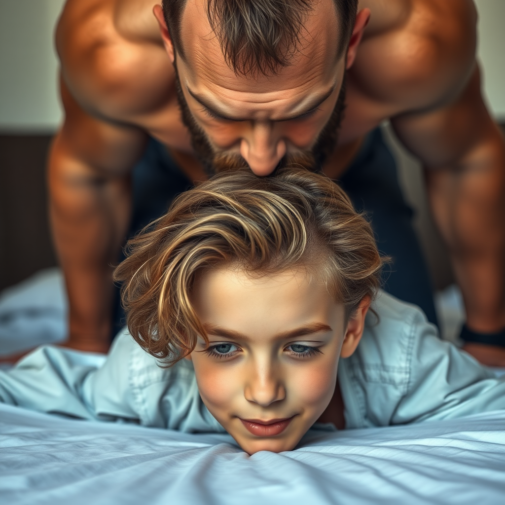 A beautiful teen boy, slightly curly very long hairs, bent over bed, face down. With a giant strong muscular slightly bearded adult man directly on the boy. Frontal view