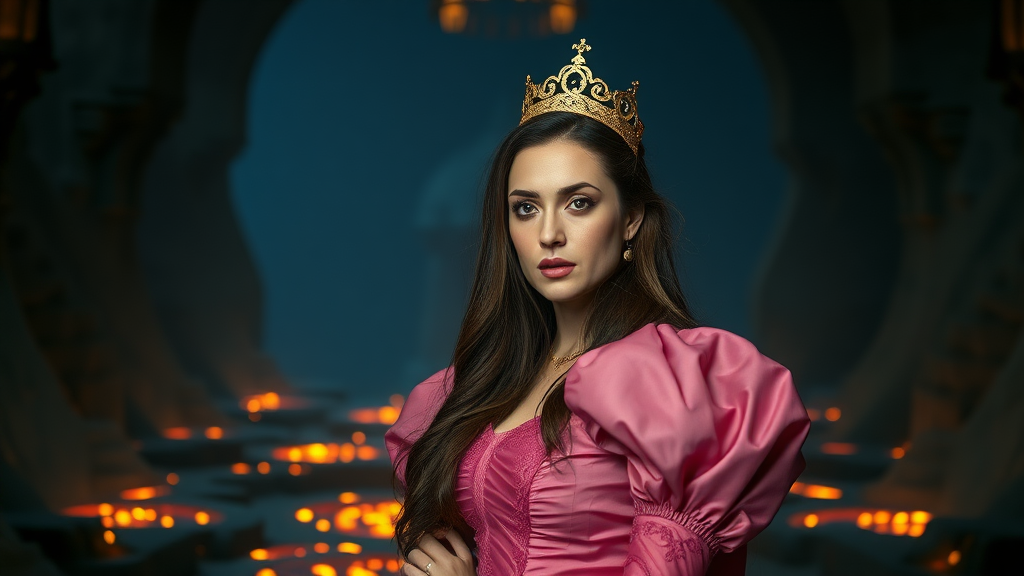 Interior. Dark castle illuminated by pools of glowing lava. Woman with long brunette hair. Wearing extravagant pink dress with puffy sleeves, and small golden crown. She looks concerned.