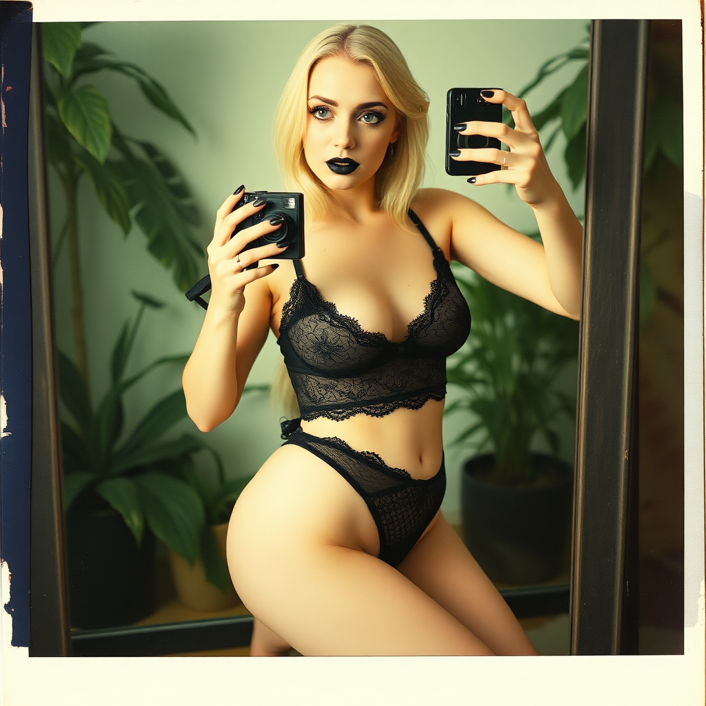 An old polaroid photo with a color tint to the photograph and visible light leaks. The photo depicts a reflection of a sexy girl with pale skin taking a selfie with an old film camera. Her booty is plump. She is gothic and wears seductive makeup with long eyelashes and black lipstick. Her mascara is running as though she has been crying. She has large breasts with ample cleavage. She is wearing a skimpy g-string that leaves a gap between her pubic area and thigh. The fabric of her g-string is black lace. Her bra is translucent and mesh. She is in a photography studio with artistic lighting and plants are all around behind her. Her skin has a natural texture with visible pores and imperfections. Her nails are painted black. She is pulling her g-string by the edge. She has a thigh gap. She is on her knees kneeling above a large mirror.