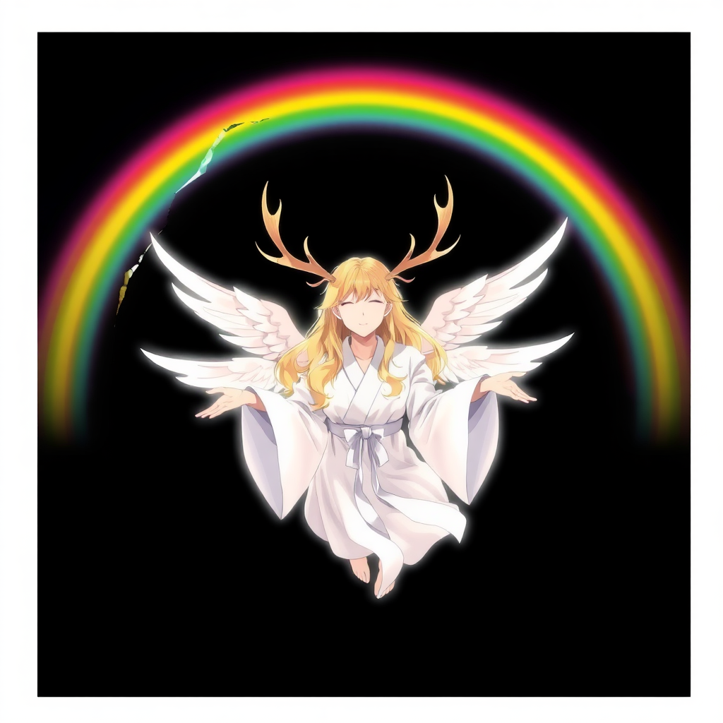 (Anime Style-art) Black background with rainbow-barrier broken, a female attractive faceless golden haired woman covered in pure white light, 2 deer antlers, 2 angel wings, glowing-white robes, hands out, floating mid-air, looking at viewer