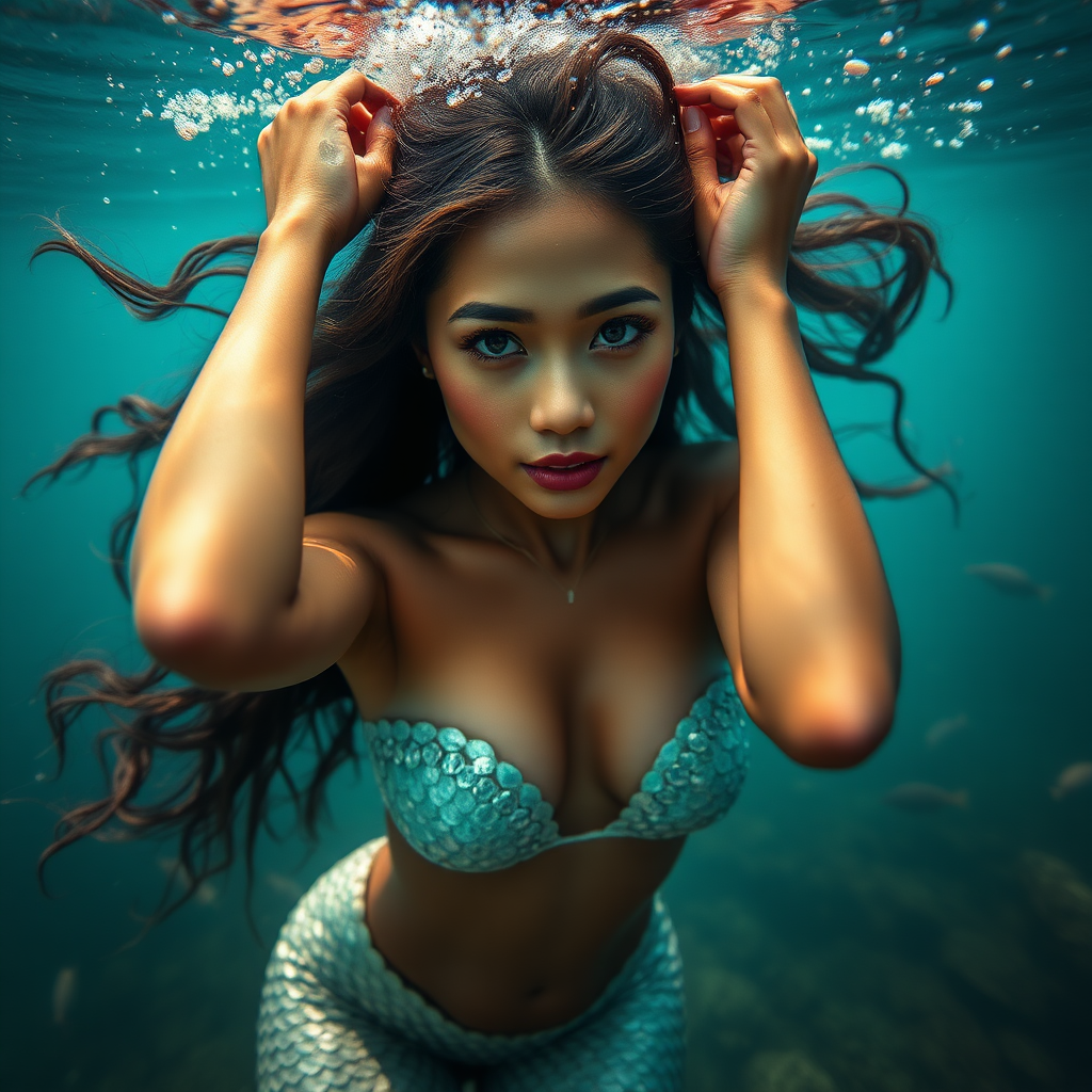 Dark skinned petite asian as a fit and trim mermaid underwater amazing loose flowing hair floating in a nimbus around her beautiful face her arms outstretched languidly over her head. she's looking directly into the viewer's eyes making intense eye contact. diaphanous gossamer. Burlesque. Stunning undersea life details plants and fish and other creatures of the sea. Impressive, shining scaled mermaid tail. Amazing HD DSLR photographic output.