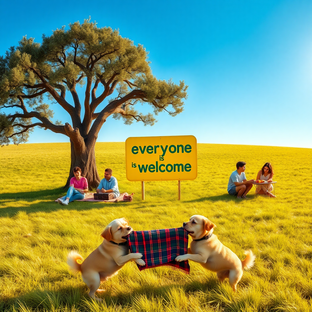 An oak tree standing along in a grassy field. Two different groups of people are having picnics near it. One group has 3 Caucasians. the other group has 4 Asians. In the middle is a sign that says “everyone is welcome” in green text on a yellow background. Two small dogs in the foreground are playing tug-of-war using a tartan blanket in their mouths. The sky is blue, and the sun is shining from the right side.