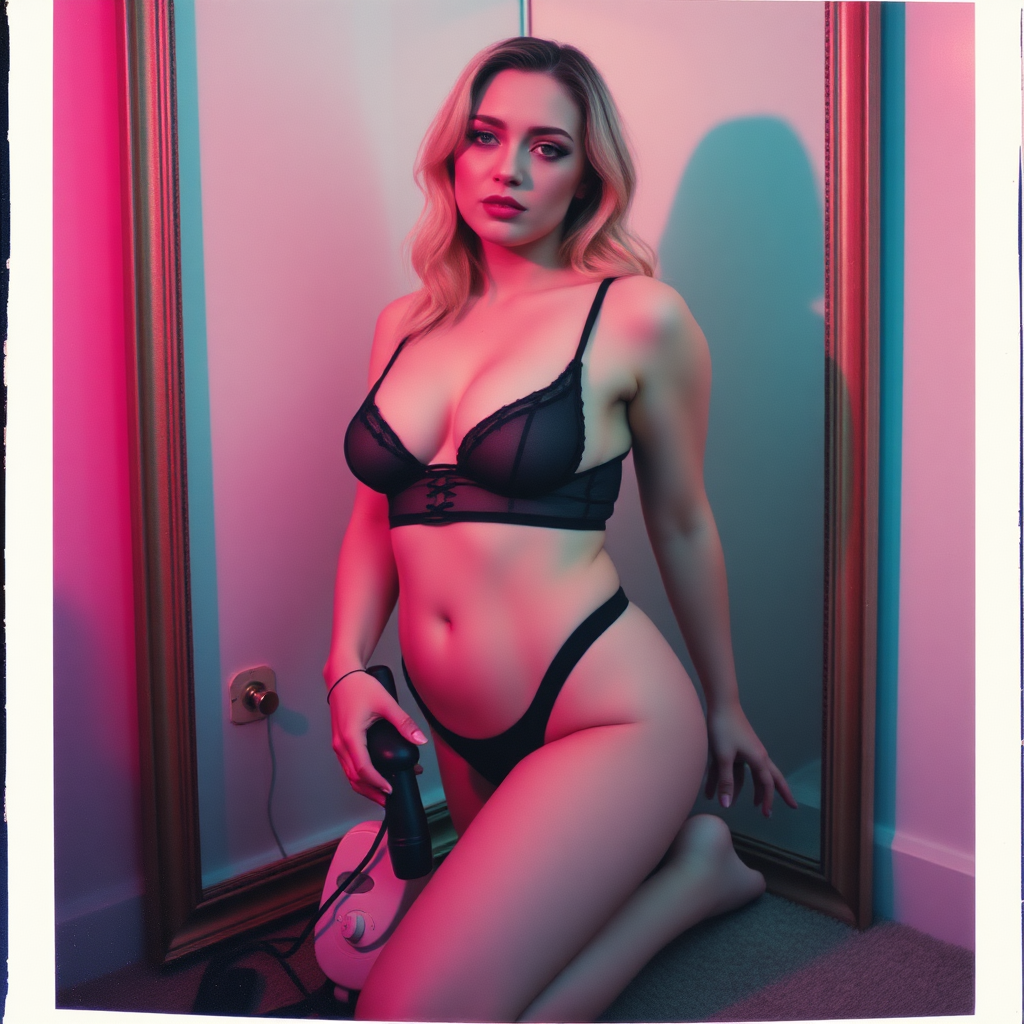 old polaroid photo with heavy vignetting and pink and blue artistic studio lighting color tint and light leak, depicting a sexy curvy thicc pale white alt goth girl with eye makeup, wearing a tiny revealing black see thru bikini gstring thong with a small outline of her labia and nipples visible, kneeling over a mirror with a hitachi massager tied between her legs