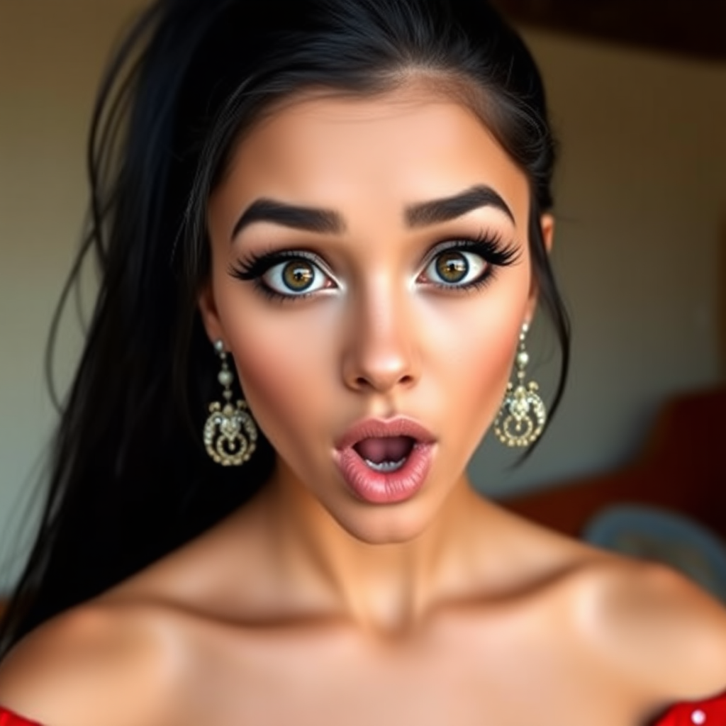 surprised Arabian girl with mouth open. She has very large eyes, black eyeshadow, black eyeliner, fake eyelashes, very tanned skin, very long hair. very high ponytail, red off shoulder shinny crop top. photo realistic, black hair.