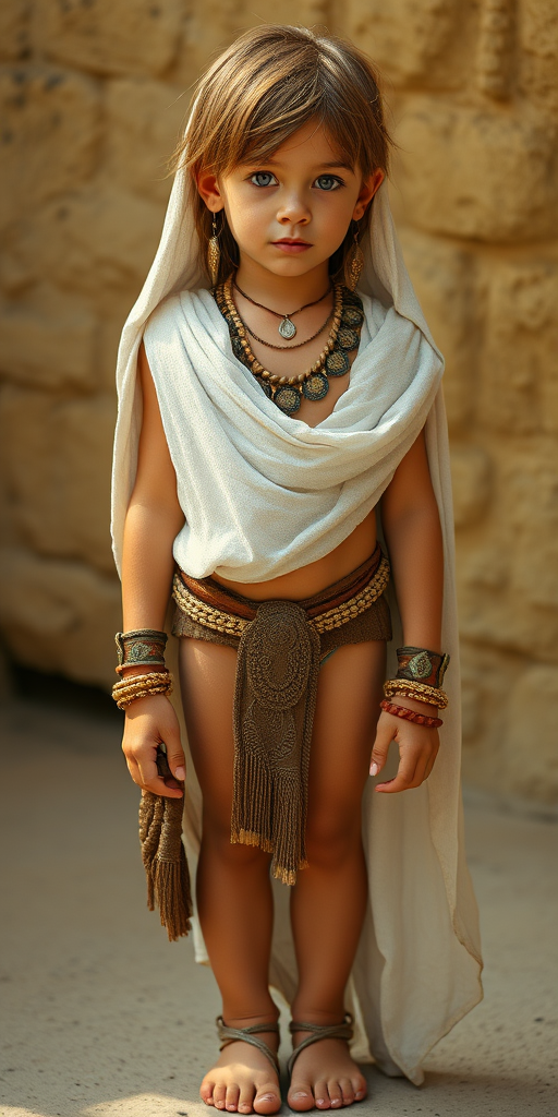 A beautiful ancient Babylonian tween boy, long hairs, long eyelashes, bridal vail, long legs, bare thighs. full length view.