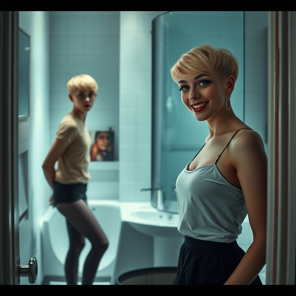 photorealistic, ultra high resolution, 16K, surreal fantasy, studio lighting, a 35 year old mother who is fully dressed for work is watching her pretty 14 year old goth son, slim male physique, short blonde hair, goth makeup, earrings, pantyhose, white ballet shoes, in the bathroom, excited smile, facing the camera.