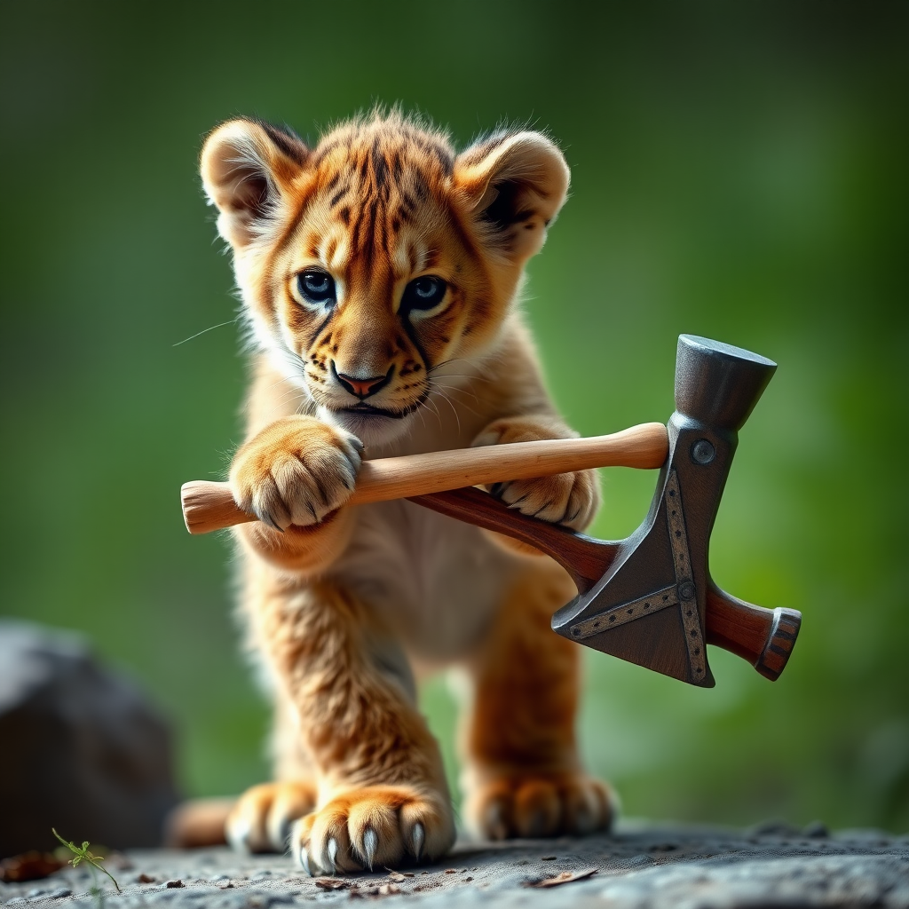 Lion cub holding a Russian made hammer