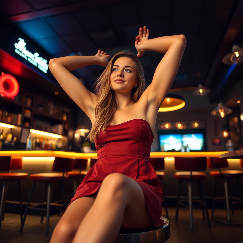 a nordic girl in a short dress sitting in a lounge bar, raising her arms to show armpits, camera angle from below