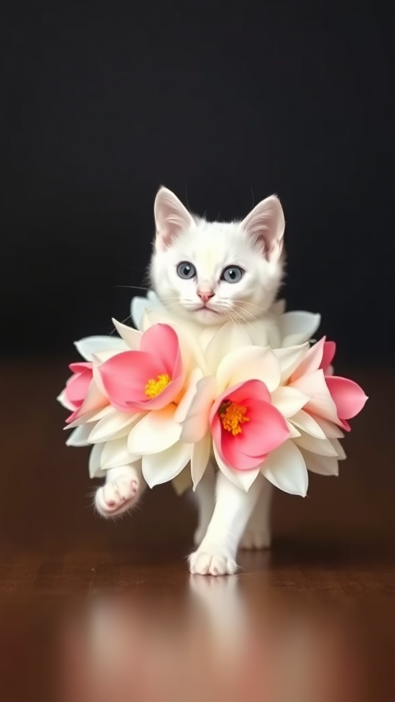 A little white cat walking on two paws, wearing a white real colorful flower costume, doing a ramp walk.