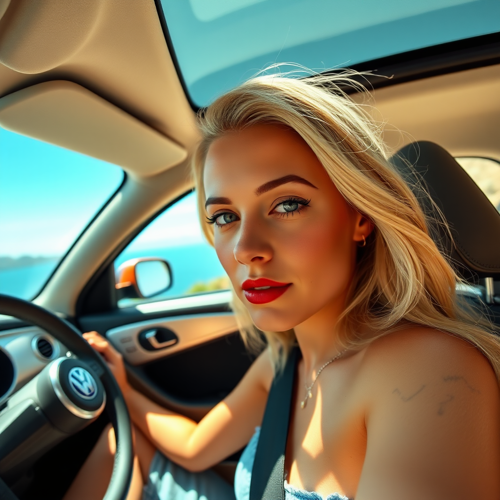 pretty blonde woman driving a vw beetle in the sun on a coast road with camera on her face and her face clearly visible. red lipstick and small facial tattoos