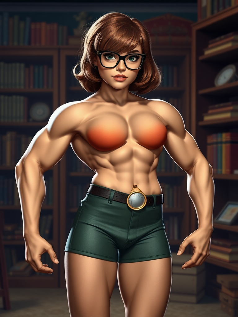 Create a full-length photorealistic image of a composite character featuring Velma Dinkley, utilizing the inverted triangle body type typical of a male bodybuilder. Maintain Velma's original head, hairstyle, and facial features. Preserve and adjust her classic costume to fit her new body structure. Design a background that draws inspiration from Velma's character, incorporating elements like bookshelves, magnifying glasses, or other mystery-solving motifs to enhance the scene's context.