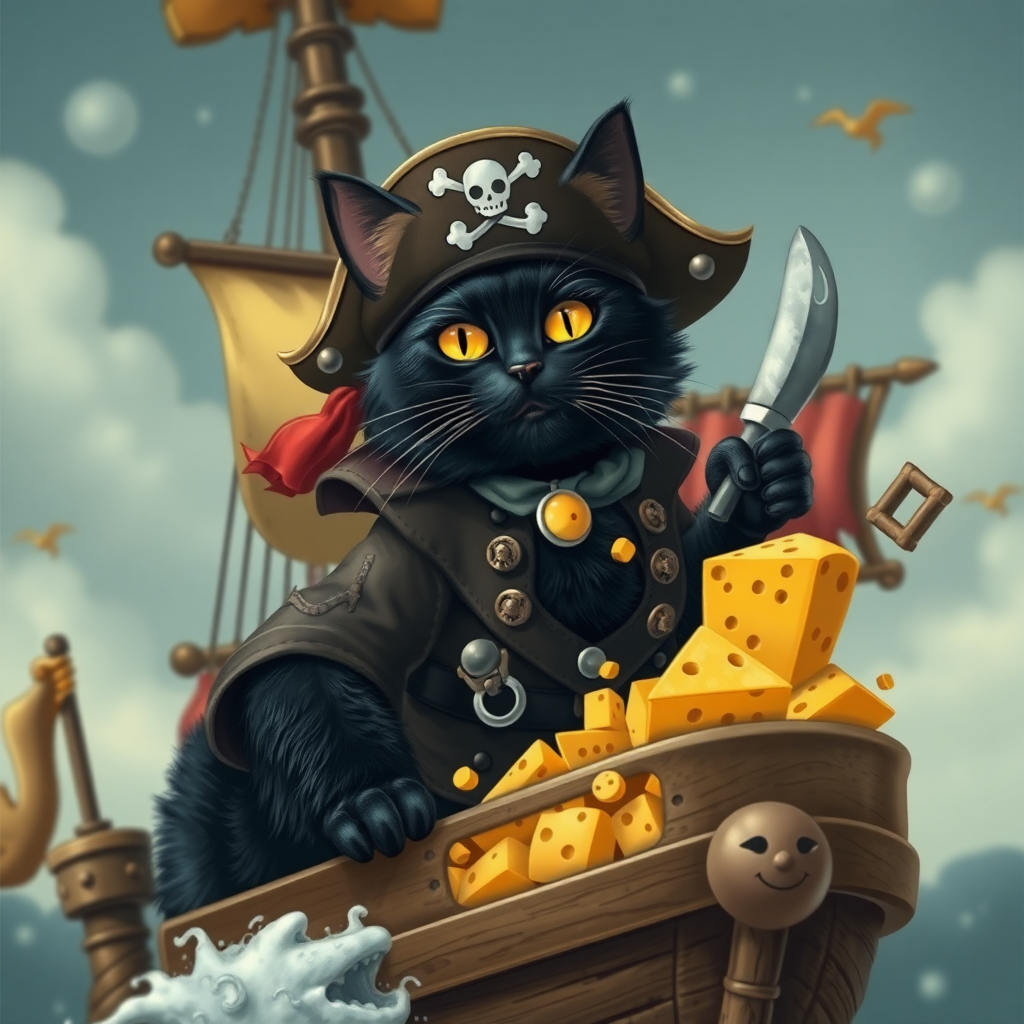 Black cat pirate Captain with treasure cheese filled with cheese on a pirate airship, steampunk