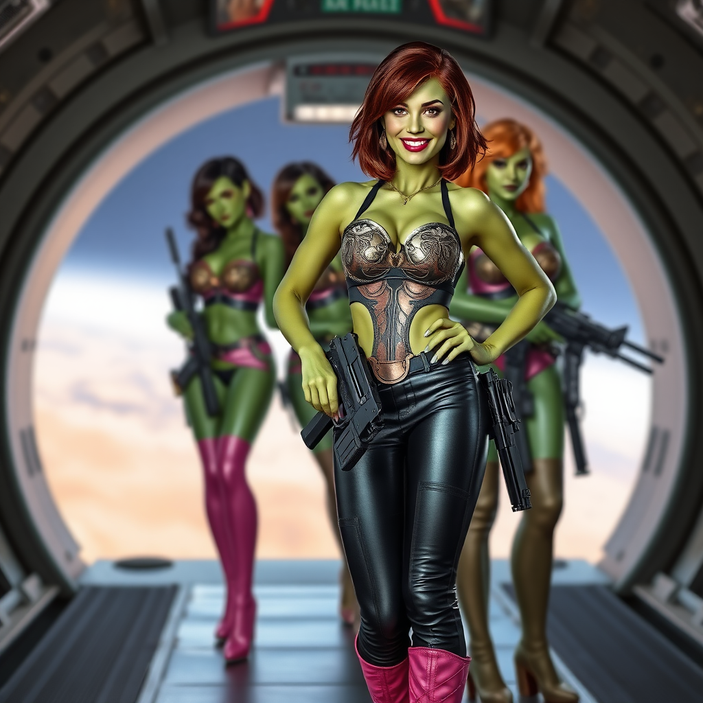 Tall, beautiful green skinned woman. Her brown hair is in a shag-cut style. Her eyes are gold. She is dressed in an ornate metal bra. She is wearing black leather pants, with pink knee high boots. She has her hands on her hips. She is smiling. A sci-fi looking gun is holstered at her hip. Four other green-skinned woman, dressed in metal bikinis, each carrying a weapon, stand next to her. They are at a sci-fi looking space-port.