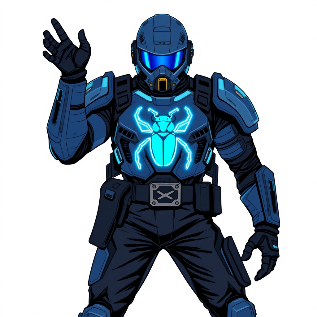 A 28-year-old cyberpunk vigilante stands heroically, clad in hi-tech, maximum blue tactical armor featuring a neon blue beetle on the chest. He wears black biker pants, a black belt with a sapphire beetle buckle, and a helmet resembling a sleek, tactical design, but colored maximum blue with neon blue lenses. Their hands are protected by black hi-tech gloves, all set against a solid white background. He is drawn as if he was in a retro 2D cyberpunk fighting game.