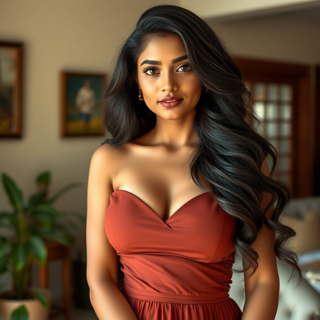 Pretty woman of Sinhalese ethnicity in her mid 20s with very long voluminous layered hair and huge breasts in a dress, full length in an indoor scene