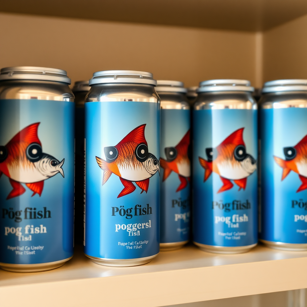 a small shelf with cans that have an image of fish on the label and text saying "pog fish poggers fish"