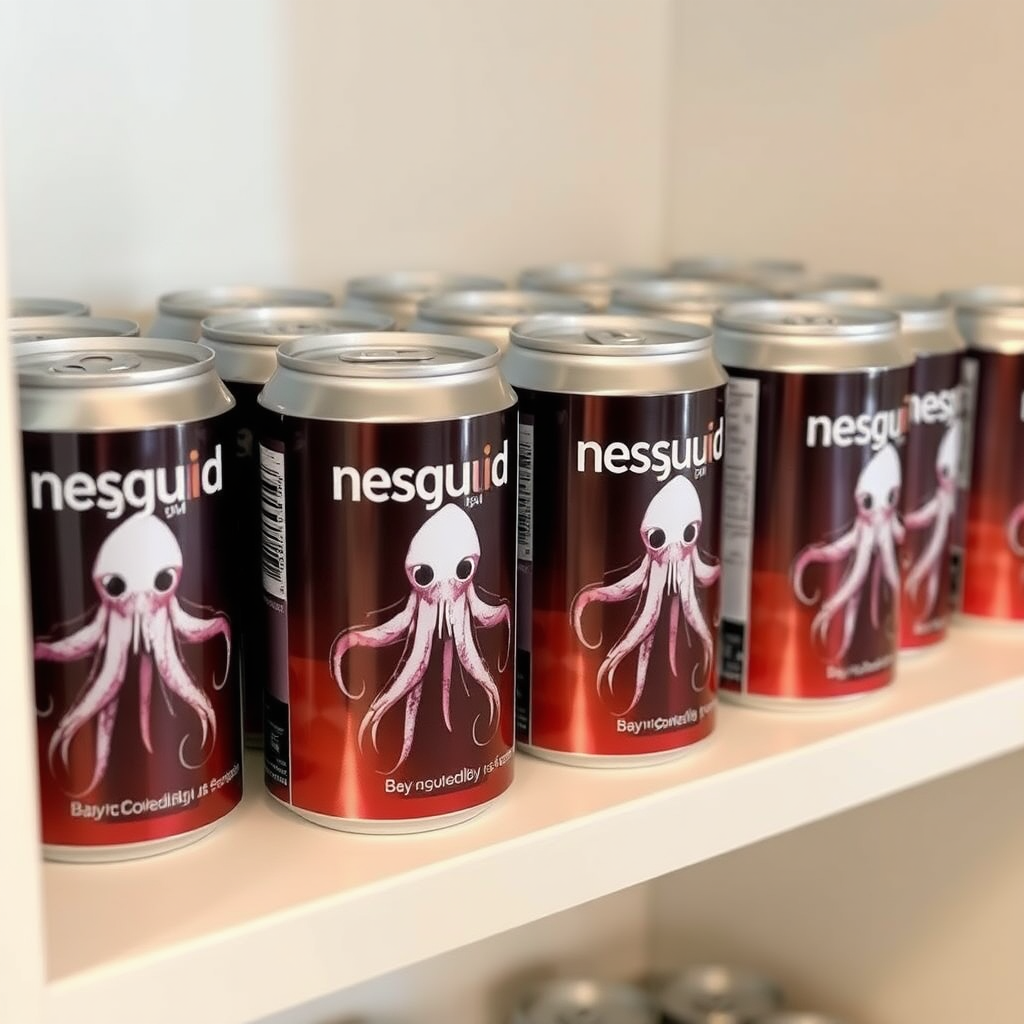 a small shelf with cans that have an image of squid on the label and text saying "nesquid by nestle"