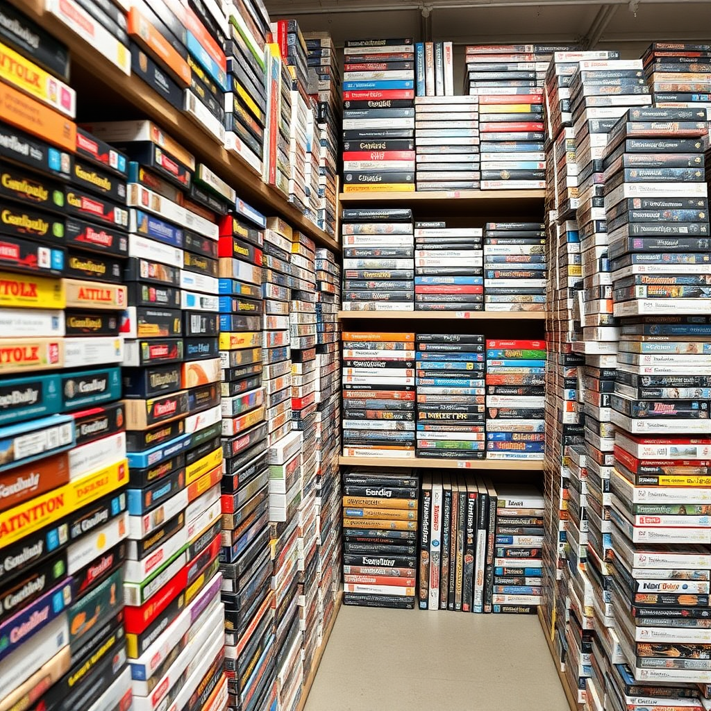 Shot of multiple shelves stacked with board game boxes vertically and horizontally, at least 300 boxes, taken at a distance and angled