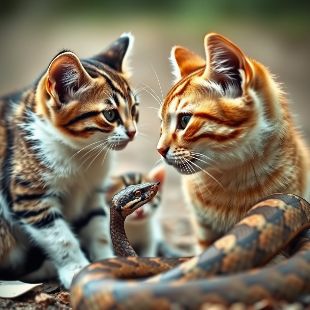 A mother cat is facing off against a snake, with a kitten hiding behind the mother cat. It's a panoramic view, shot from the side, in a realistic style.