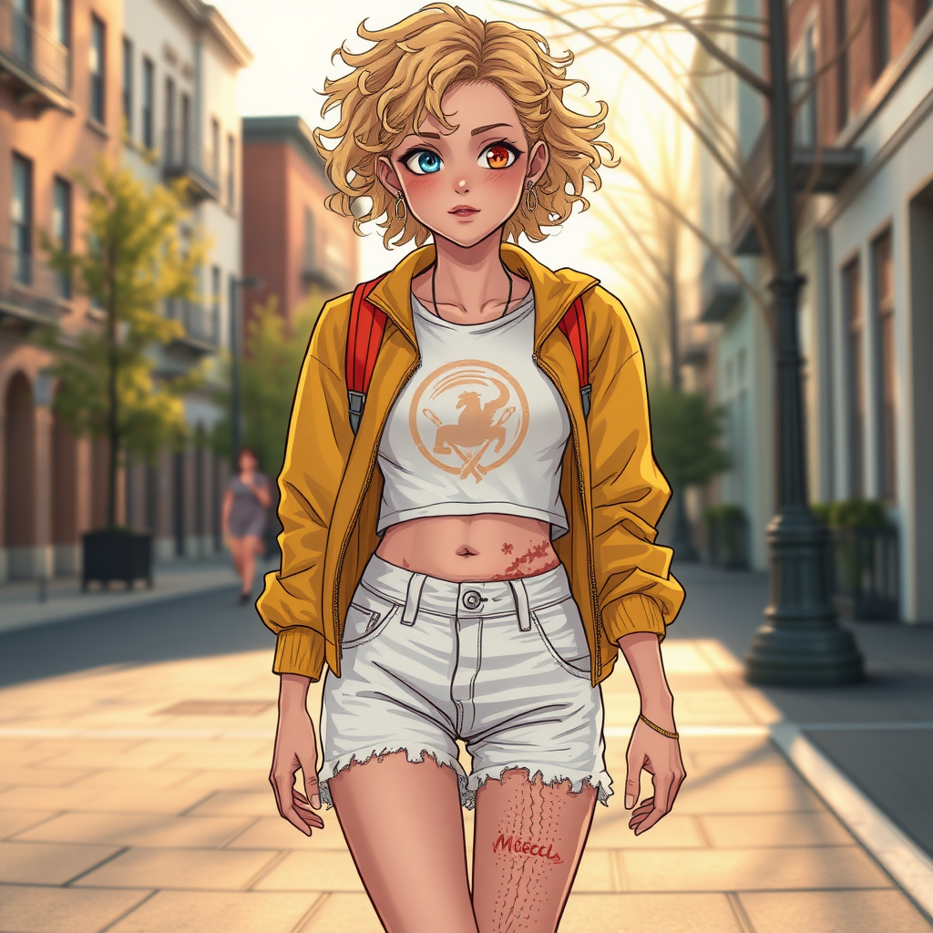 Realistic drawing style image, Extremely good quality 8k resolution drawn manga image of a 15 year old petite and short tomboy girl with golden blonde curly hair with mixed and different colored eyes for each eye and moles on her entire body and is a white American girl, Has on a Gold Jacket over a white extremely short crop top only covering her breasts and nothing more with a design on it, and has on ripped shorts and cool looking sneakers and a deep and big knife cut wound on her stomach from a huge injury she had, with a bright color backpack, ear piercings on, walking on the street to school in the morning with the beautiful sunlight lighting up her body beautifully with no tattoos.