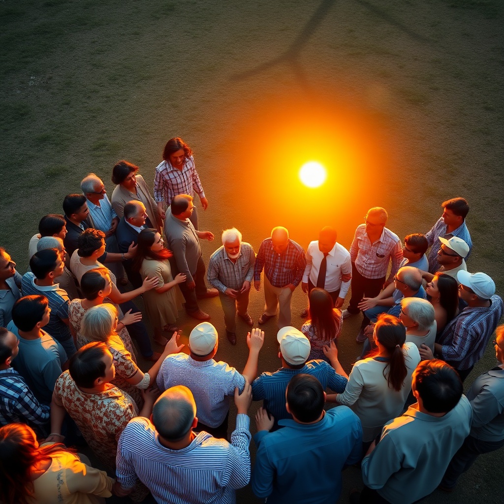 a group of men and women standing in a large circle. everyone is holding hands with each neighbor. in the background there is the sun. view from a drone. two old men are in the center of the circle talking to the others.