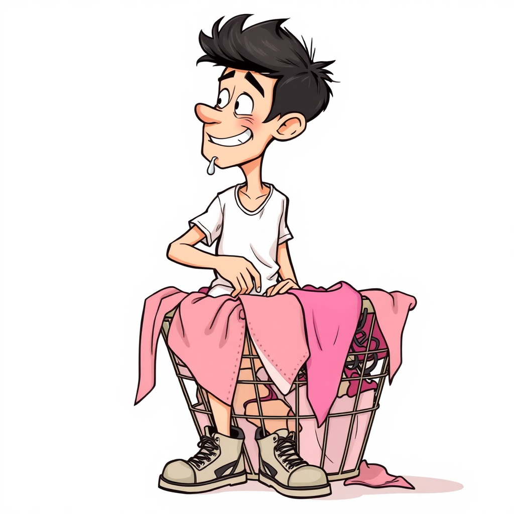 nervous short 20 year old european skinny man, short white t-shirt, standing, stunned, mesmerized, joyful, heavy drooling, fumbling through a dirty laundry basket full of sexy lingerie, detailed fabric, side view, safety shoes, detailed feet, 2D, caricature, cartoon, Sketch lines, coloring book, coloring book,