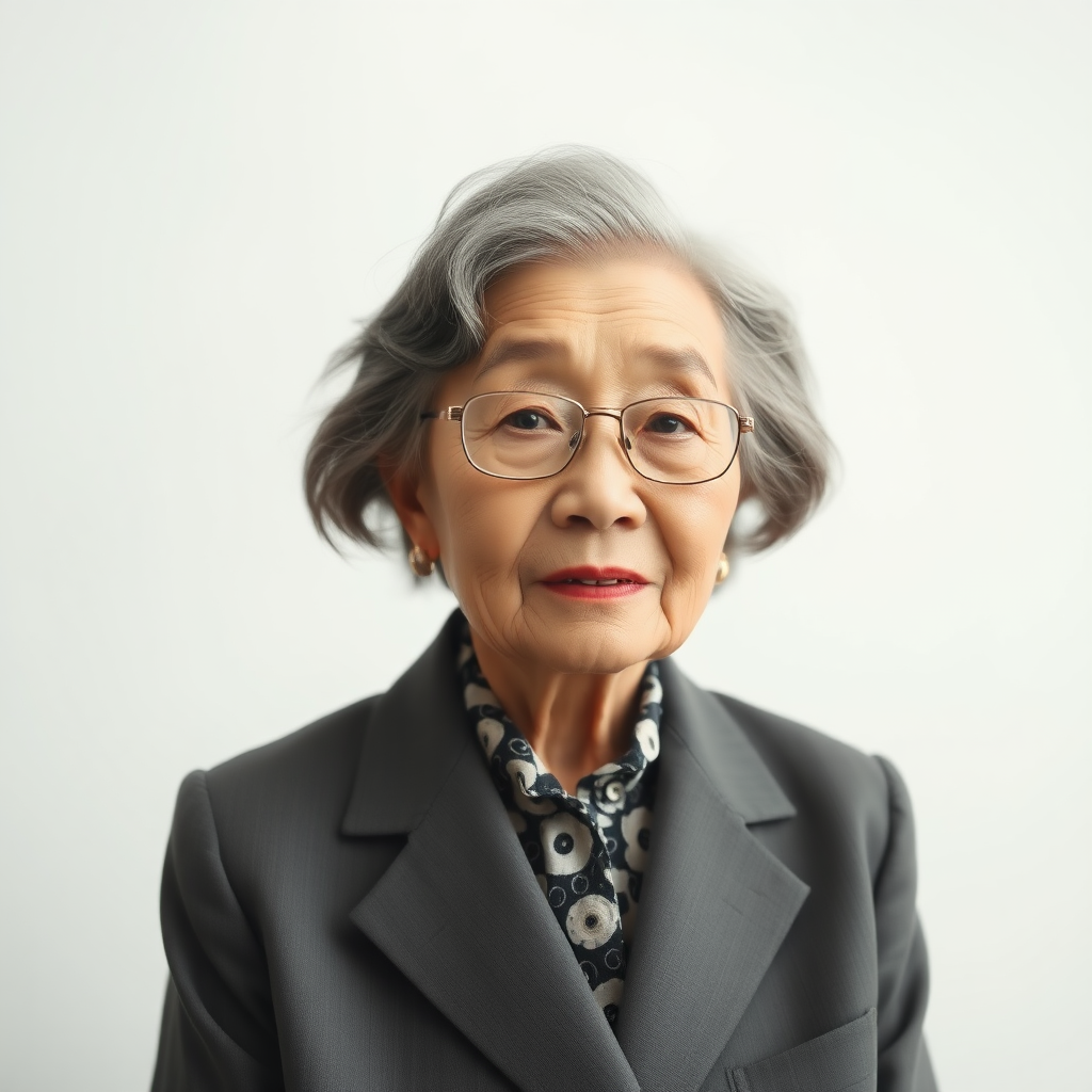 70 age old korean woman, front, woman suit, photo studio background, black and white hair