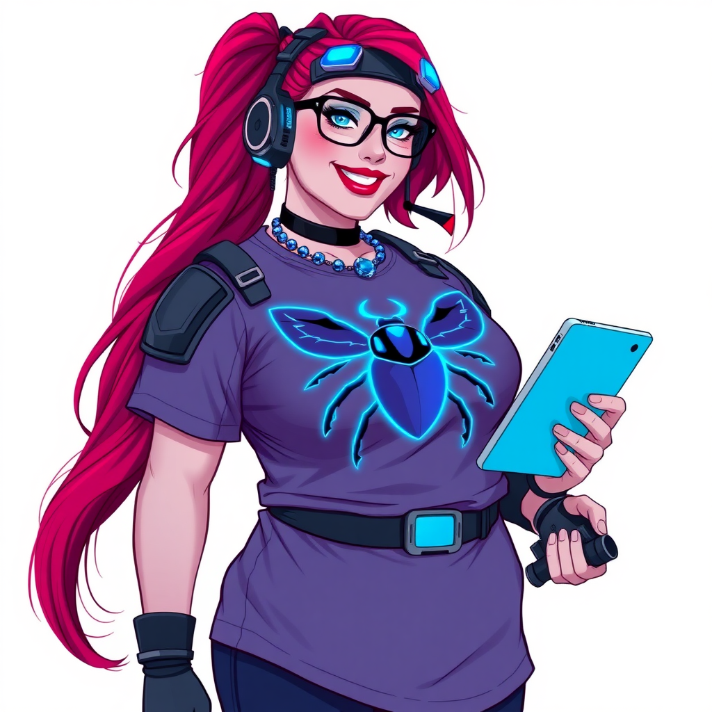 A cyberpunk vigilante’s full-figured intelligent and tech-savvy 29-year-old girlfriend, who is a computer hacker and tech genius. She has a long ruby red ponytail and bright blue eyes. She wears a sapphire beetle gemstone necklace, and an armored, oversized, Maximum Blue (RGB 71, 171, 204) t-shirt featuring a giant neon blue glowing chest icon of a winged beetle. She has a full-figured physique with a prominent, large, round midsection, reflecting her well-cared-for lifestyle. The midsection is heavily emphasized. She sports a sapphire headset with hi-tech Maximum Blue (RGB 71, 171, 204) lensed HUD visor, Maximum Blue (RGB 71, 171, 204) lipstick, black eyeglasses, and a beaming smile with a passionate bright red blush. Despite her figure and a lack of self-esteem, she radiates an air of beauty. She has an angular face which contributes to her radiant beauty. She serves as his tech expert from his hideout, holding a holographic tablet and a hi-tech tool wrench. The background is solid white. She is drawn as if she was in a retro 2D cyberpunk fighting game.