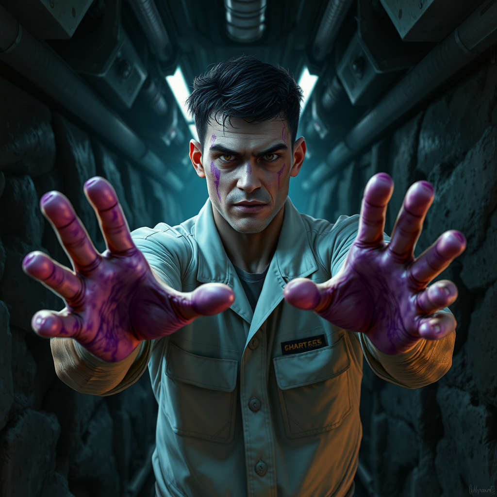 Cinematic sci-fi horror digital painting. Crew member approaching the viewer with arms reaching out. Mindless facial expression. Purple slime smears on face and hands. Dark rocky industrialized corridor.