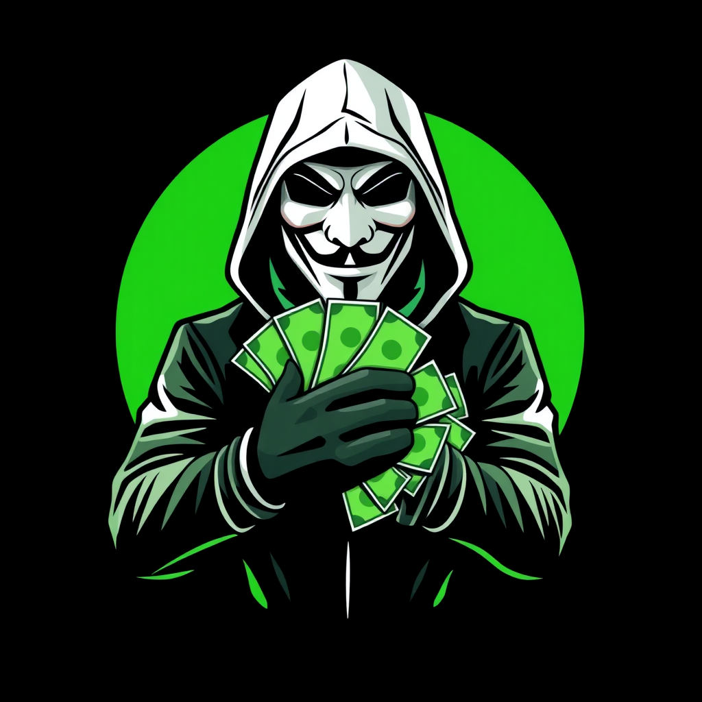 A logo art of an armed anonymous hacker holding lots of money. Black and white and dark green for the cash.