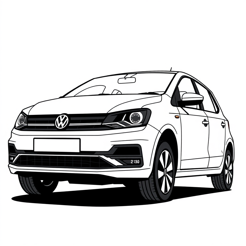 white vw polo V car, long establishing shot, 2D, caricature, cartoon, Sketch lines, coloring book, coloring book style on white background, well composed, clean coloring book page, No dither, no gradient, strong outline, No fill, No solids, vector illustration, realistic proportions, seen from the side