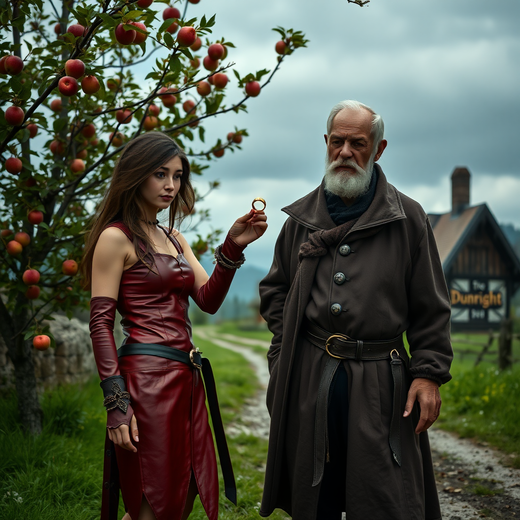 A wide distance shot of a pretty female thief in subtle red leather clothing, standing next to a frail old man who looks ill. She is holding a gold ring towards him but he waves it away. He looks happy to see her, and she looks sad. Apple trees surround a pastoral fantasy house near a road to "Dunright".