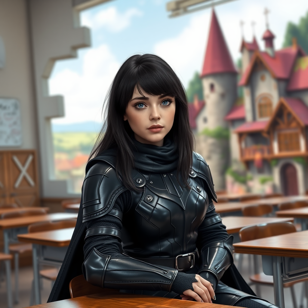 beautiful young woman, dark hair past her shoulders, blue eyes, small, slim figure, wearing full leather armor suit with long cape, sitting in a school classroom at student desk with the wall missing with a beautiful medieval village in the background.