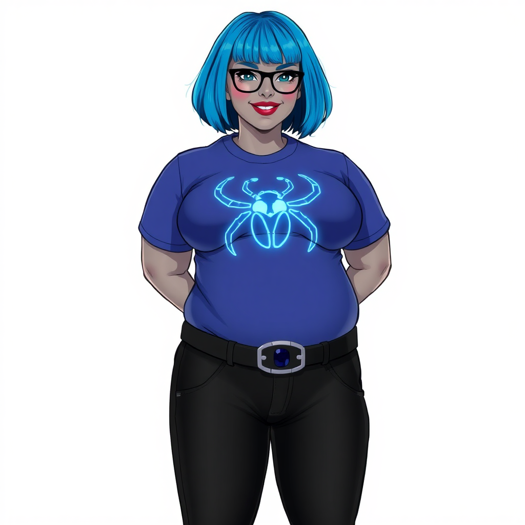 A 28-year-old, full-figured, metallic middle gray skinned computer program hybrid with a maximum blue bob cut. She has a non-athletic build, highlighted by a prominent, round, large midsection (with emphasis on her belly). As a digital sidekick, computer hacker, and nerdy girlfriend to her cyberpunk vigilante boyfriend, her middle gray metallic skin and maximum blue lipstick emphasize her digital nature. She wears a huge, tight-fitting, maximum blue t-shirt (accentuating her large belly) with a neon blue glowing chest icon of a beetle, black pants, a black belt with a sapphire scarab buckle, and black gloves. Her bright blue eyes, black eyeglasses, and lovestruck smile with neon red blush accentuate her nerdiness. She stands bashfully with her hands behind her back, her t-shirt covering her midsection (especially her large belly) and emphasizing her full-figured, non-athletic physique. She is on a solid white background. She is drawn as if she was in a retro 2D cyberpunk fighting game. She is clearly non-athletic, with a focus on her full-figured physique. Ensure her t-shirt covers her midsection (especially her large belly).