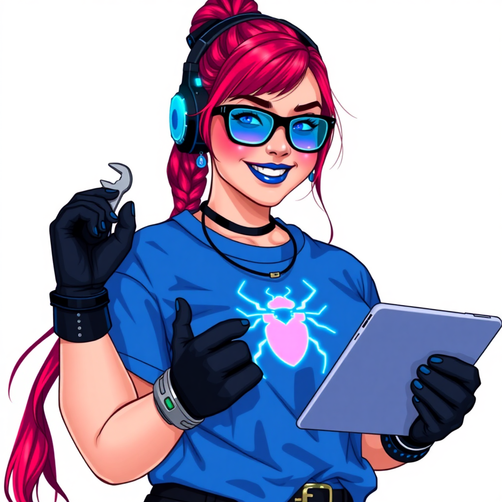 A full-sized, intelligent and tech-savvy 28-year-old computer hacker and tech genius. She has a long ruby red ponytail. She wears maximum blue lipstick, blue eyes, a sapphire beetle gemstone necklace, sapphire earrings, black eyeglasses, hi-tech power gloves, and an oversized maximum blue t-shirt featuring a neon blue glowing beetle chest icon. She has a full-figured physique with a prominent, wrecking ball-sized midsection, reflecting her well-cared-for lifestyle. She sports a sapphire headset with a hi-tech maximum turquoise lensed HUD, and a beaming smile accentuated by a passionate neon red blush. She serves as his tech expert from his hideout, holding a futuristic tool wrench and a futuristic digital tablet. The background is solid white. She is drawn as if she was in a retro 2D cyberpunk fighting game.