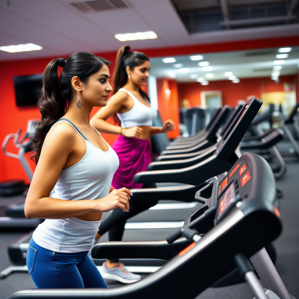 slim, Indian wife, working out on Treadmill in gym