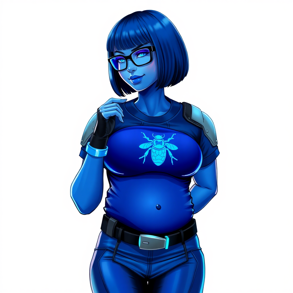 A 28-year-old, full-figured, metallic maximum blue (5PB 5/10) skinned computer program hybrid with a maximum blue bob cut. She has a non-athletic build, highlighted by a prominent, round, large midsection (with full emphasis on her round belly), which shows the effects of her love of junk food acquired from her boyfriend. As the full-figured, nerdy, digital sidekick to her cyberpunk vigilante boyfriend, her metallic maximum blue skin and maximum blue lipstick (5PB 5/12) emphasize her digital nature. Her skin has a subtle, animated glow, with digital patterns occasionally flickering across it, making her digital nature obvious. She wears a digital, computerized, superheroine costume, consisting of a massive, tight-fitting, maximum blue t-shirt (5PB 5/12) made out of advanced nanotech with a neon blue chest icon of a beetle, hi-tech shoulder pads with neon blue accents, a black hi-tech belt with a digital neon blue glowing buckle, digital maximum blue biker pants (5PB 5/12) with neon blue accents, and black hi-tech fingerless biker gloves with neon blue glowing accents. Her neon blue glowing eyes, black eyeglasses with neon blue glowing lenses equipped with a built-in HUD, and bashful smile with neon red blush accentuate her nerdiness. She stands bashfully with one hand behind her back and the other hand gently touching her cheek, her costume covering all her skin (especially her midsection) and fully emphasizing her full figure (especially her round belly). She is clearly non-athletic, with a focus on her full-figured physique. Despite her build, she radiates beauty. She has a slim face compared to her physique, accentuating her radiant beauty. She is on a solid white background. She is drawn as if she were in a retro 2D cyberpunk fighting game.