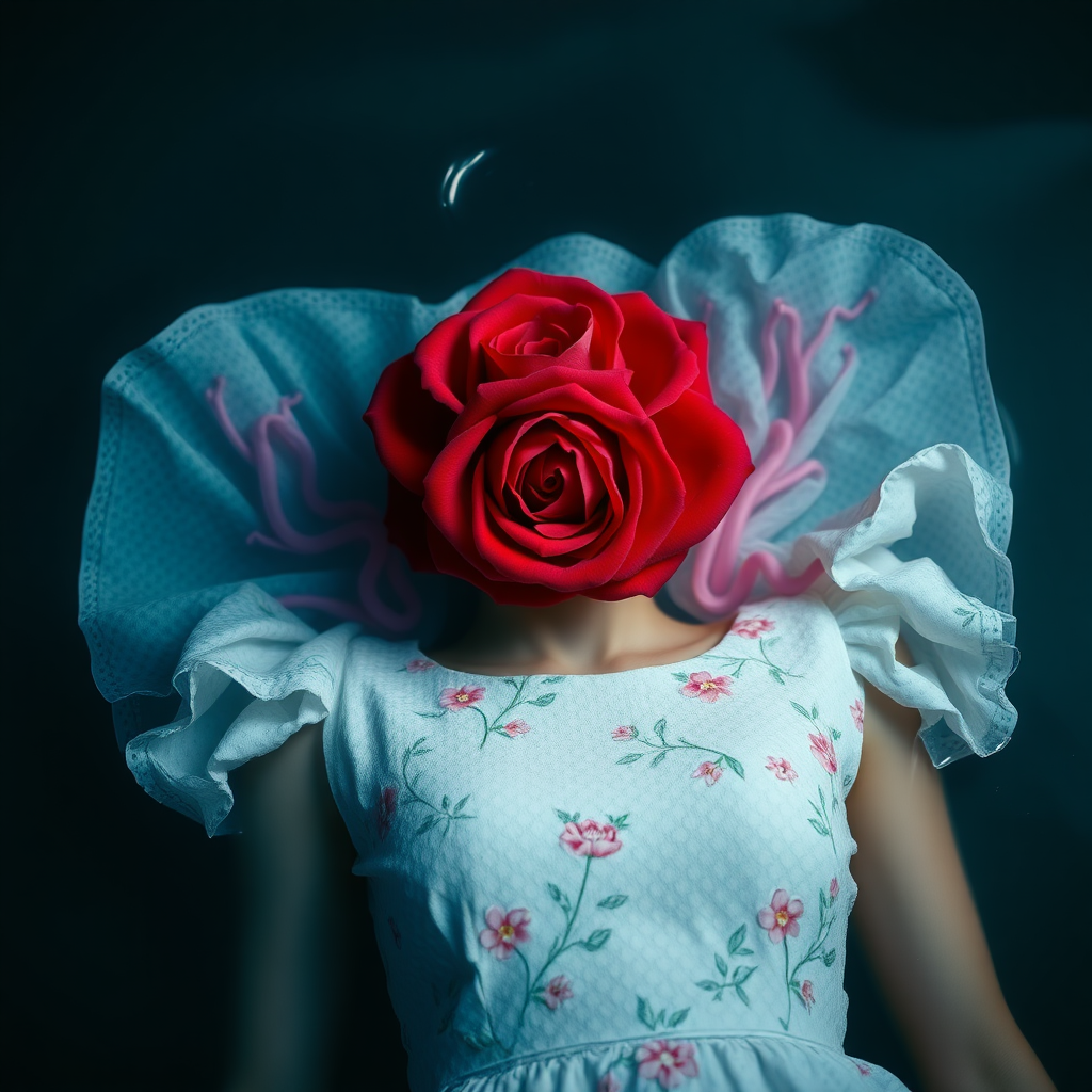 A red rose bouquet head, no human, front view, wearing a white textured dress with pastel minimal floral print design, closeup shot, hyperrealistic, lying inside water with blue and pink effect, nighttime, dark