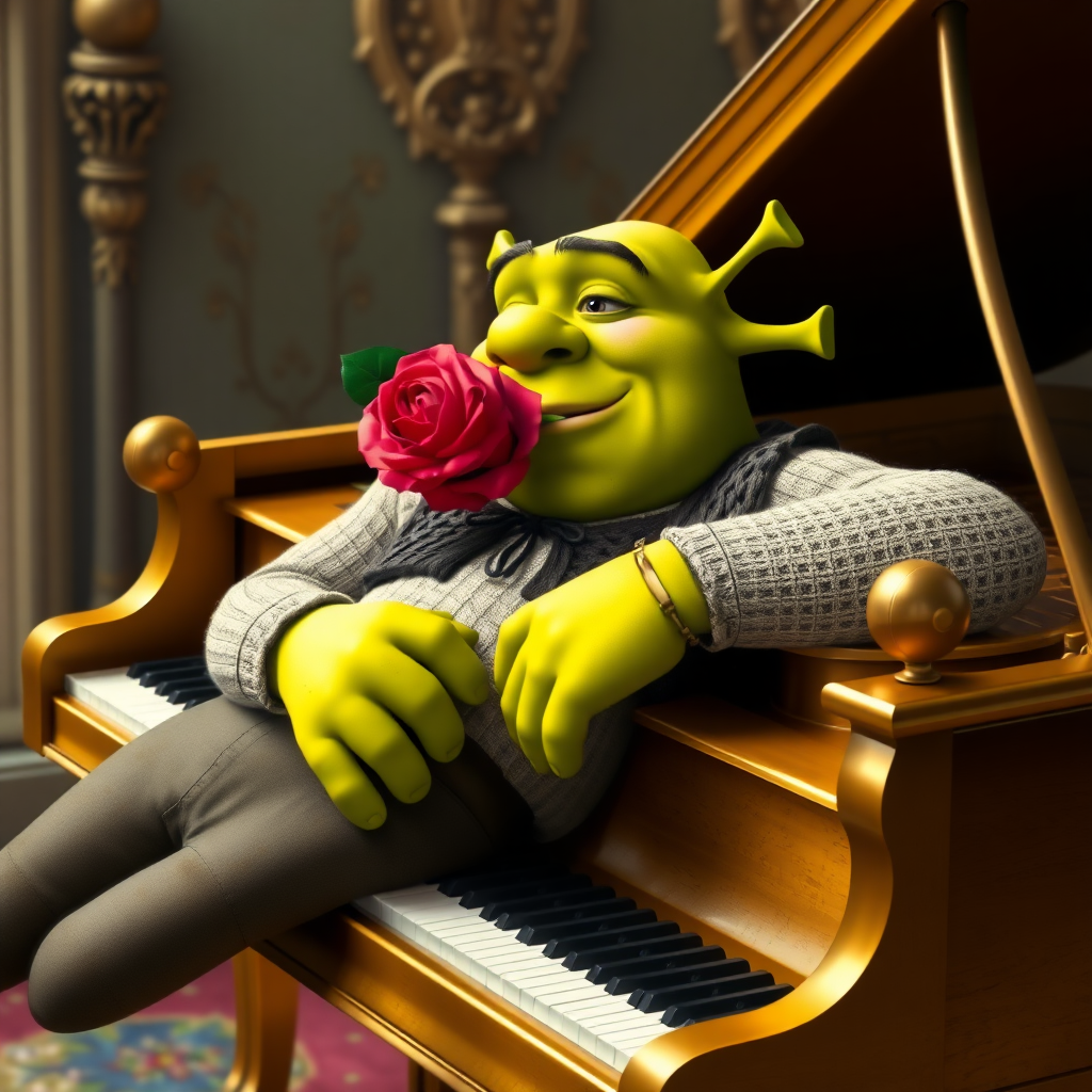 Shrek is laying on a golden grand piano with a rose in his mouth.