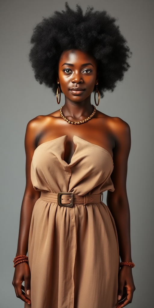 a fullbody photo of an african woman with big breasts with an afro wearing a loose dress that is fastened with a belt right under the breasts