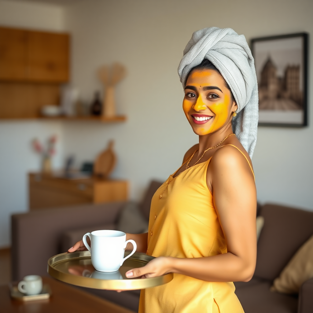 slim, 30 year old, indian Bride, towel head, turmeric face mask. She is smiling and serving coffee on a tray in living room.