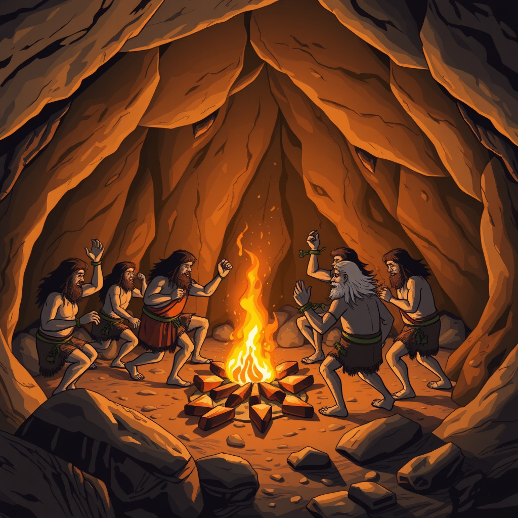 Cavemen are dancing around a campfire in a big cave.