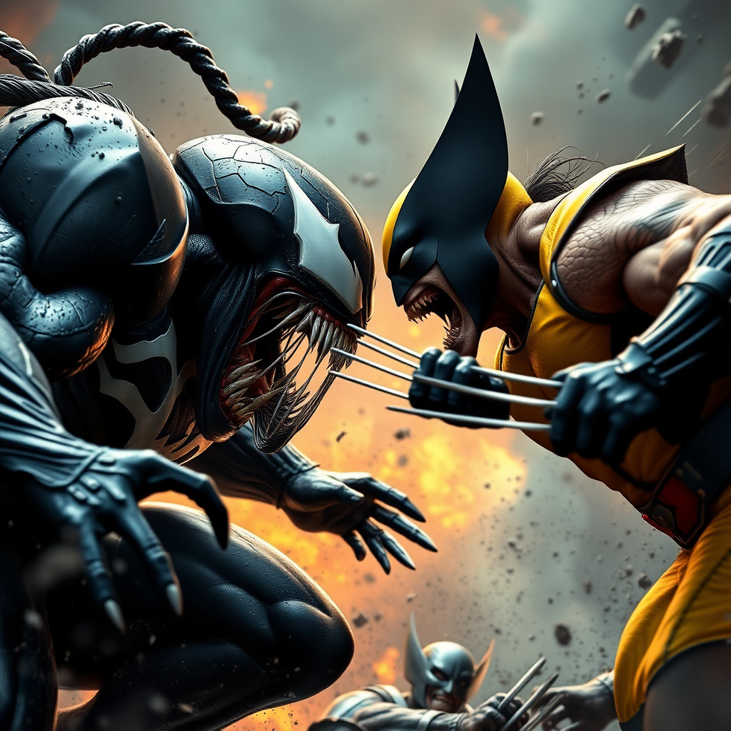 jumping out of an epic comic book cover is Venom Vs Wolverine head-to-head in battle. Cinematic Real3d photo-realistic quality.