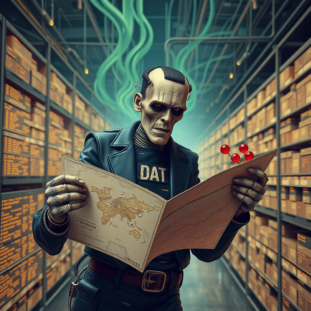 a cyberpunk frankenstein holding a map in one hand and putting marker pins in a data warehouse with the other, his arms are pythons. In the background are streams of data