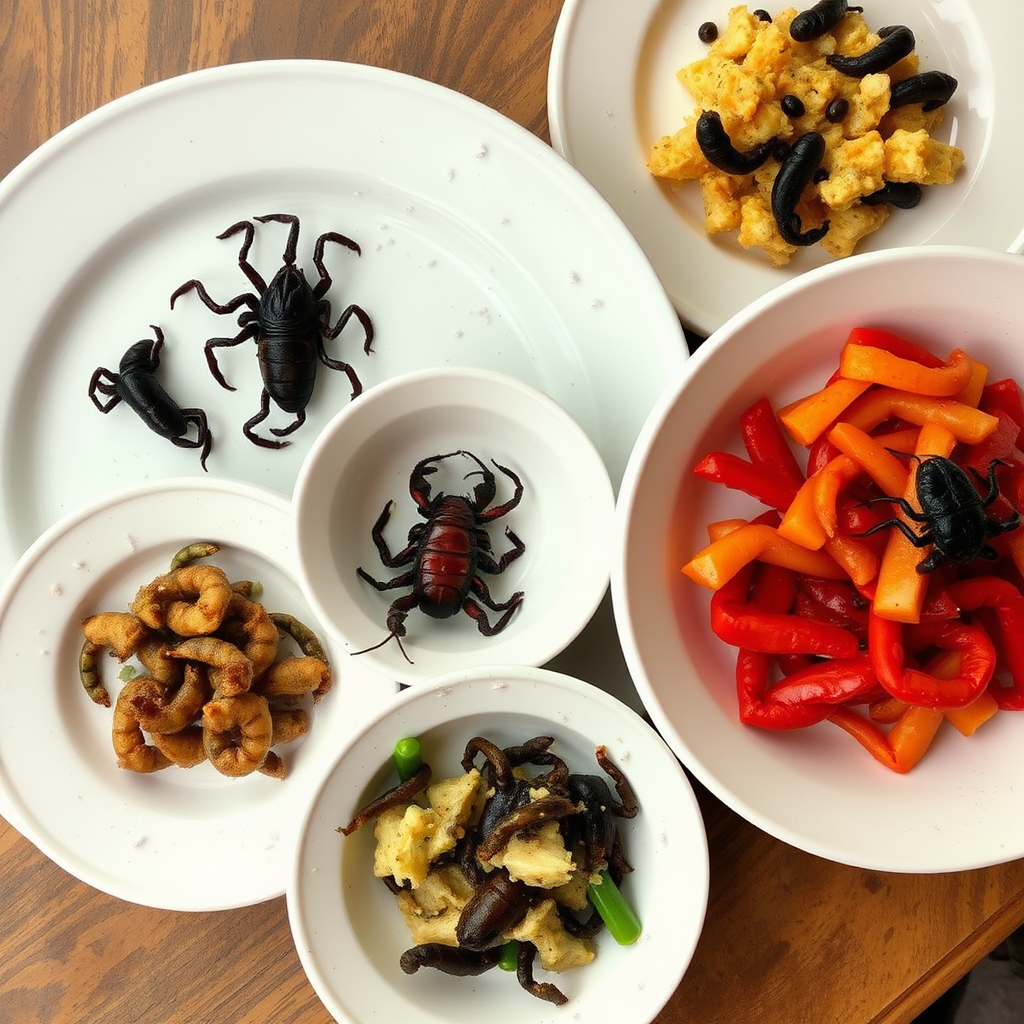 no normal food just plates and bowls of creepy crawlies