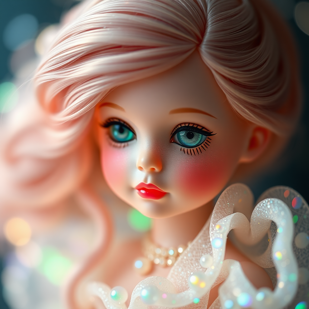 preteen doll, porcelain, aura, Bokeh, abstract, mandelbulb fractal, fractal, brilliant colors, glittering, translucent, mother of pearl, opal, iridescent, natural, glowing, sacred geometry, glitch, interdimensional