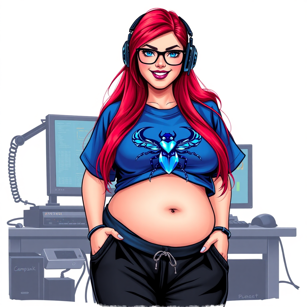 A cyberpunk vigilante's 28-year-old computer science major nerdy, full figured, heavily pampered computer hacker and tech-wiz girlfriend with long, ruby red hair. She wears maximum blue lipstick and has bright blue eyes. Her outfit includes an oversized maximum blue t-shirt (accentuating her gargantuan midsection) featuring a maximum blue gemstone beetle chest emblem. She sports black eyeglasses, black sweatpants, a sapphire headset with a maximum blue lensed HUD, with a beaming smile and neon red blush. Her full figure (especially her gargantuan midsection) shows the heavy extent of her doting pampering. As her boyfriend's tech-wiz, she primarily works in his hideout, operating from her workbench and her computer desk. The background is solid white. She has a prominent, round, gargantuan midsection. She is drawn as if she was in a retro 2D cyberpunk fighting game.